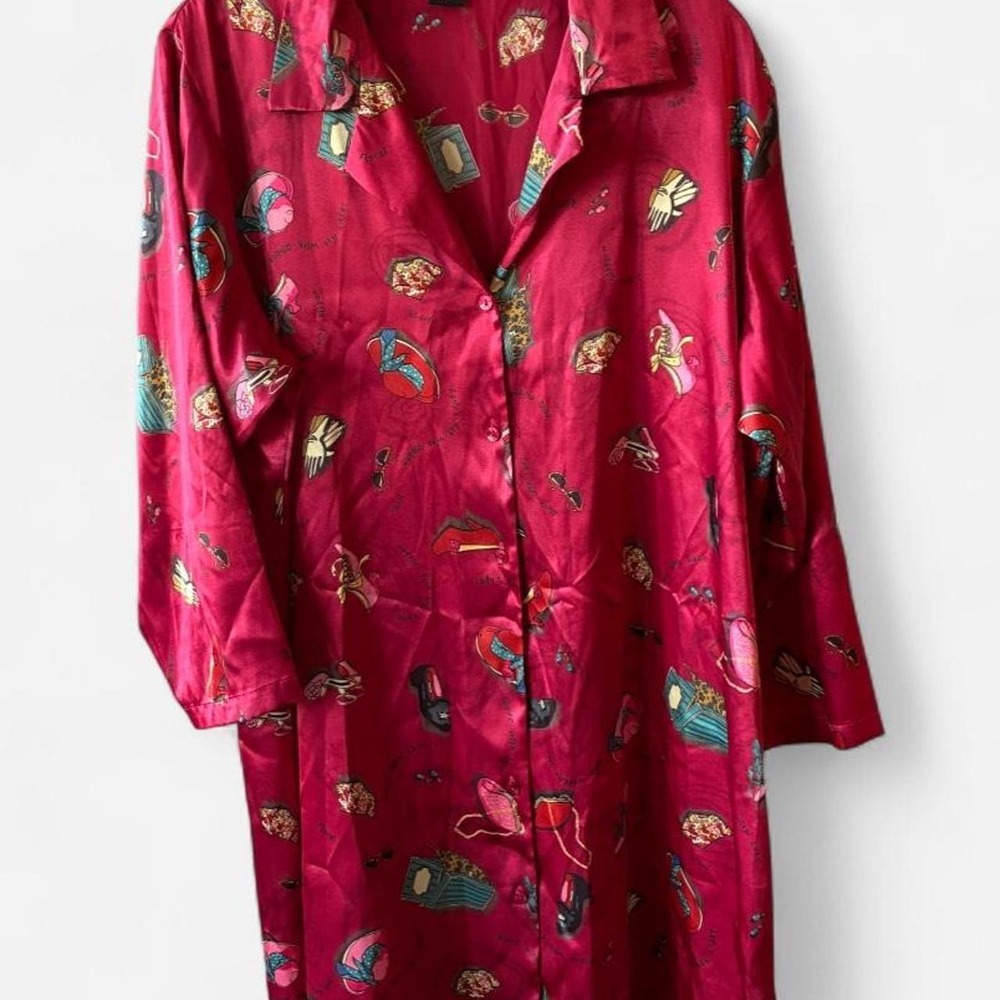 Red‎ & pink satin button up shirt dress with fun purse, makeup print Sz XL